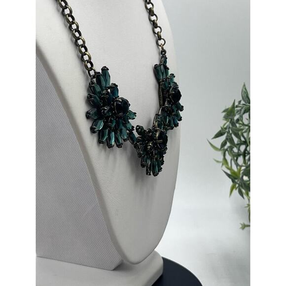 J. Crew Silver Tone Shades of Green Rhinestones Chain Clustered Necklace - Picture 6 of 16